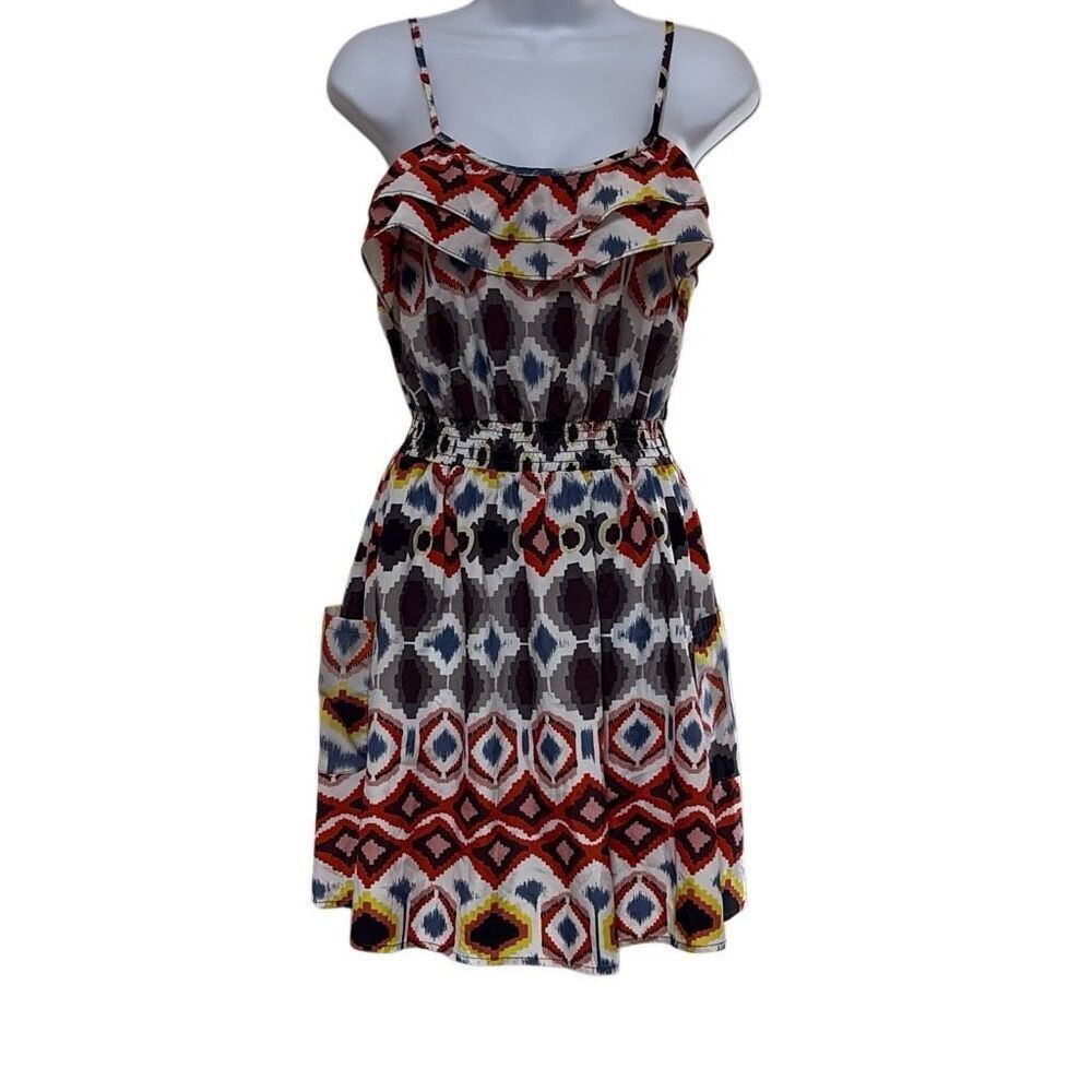 Xhiliration Medium Southwestern Aztec Print Red Blue‎ Yellow Mini Dress Pockets